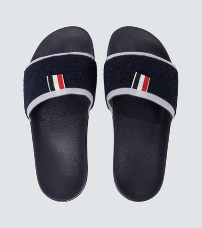 Shop Thom Browne Terry Cloth Pool Sliders In Blue