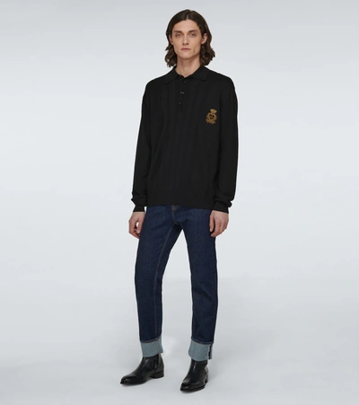 Shop Dolce & Gabbana Silk-cotton Long-sleeved Polo Shirt In Black