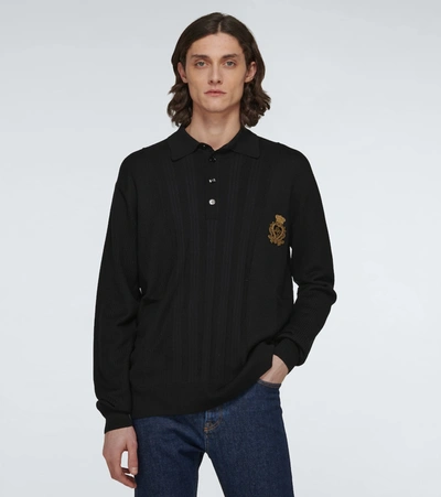 Shop Dolce & Gabbana Silk-cotton Long-sleeved Polo Shirt In Black