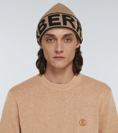 Shop Burberry Logo Intarsia Cashmere Beanie In Beige