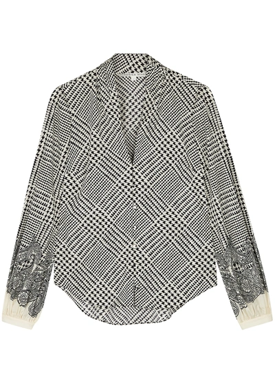 Shop Veronica Beard Beata Houndstooth-print Stretch-silk Blouse In Black And White