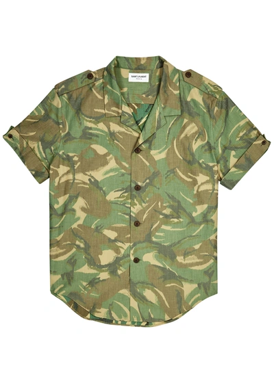 Shop Saint Laurent Camouflage-print Cotton-blend Shirt In Green