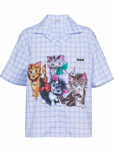 miumiu 2020/21 希少！ネコ 猫 プリント チェックシャツ Miu Miu Check Fil-à-fil Cat-print Shirt In Light Blue | ModeSens