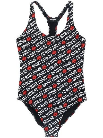 Shop Dsquared2 Teen Leaf-print Racerback Swimsuit In Black