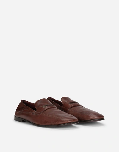 Shop Dolce & Gabbana Calfskin Loafers With Branded Tag In Brown