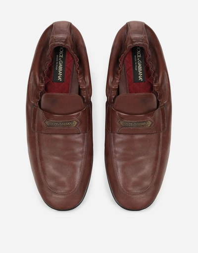 Shop Dolce & Gabbana Calfskin Loafers With Branded Tag In Brown