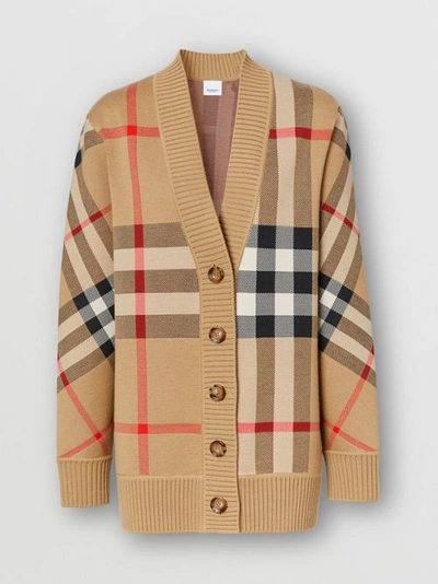 Shop Burberry Check Wool Blend Cardigan In Archive Beige