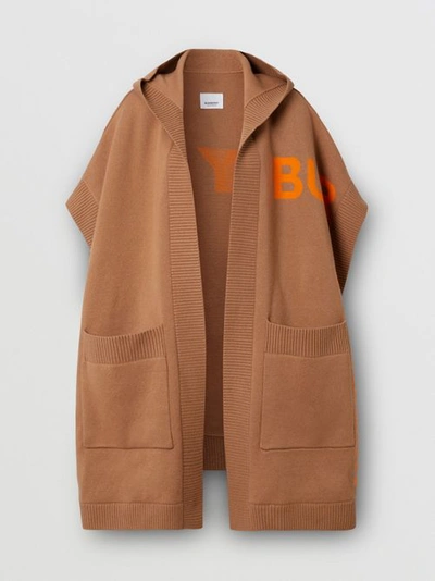 Shop Burberry Horseferry Cashmere Blend Jacquard Hooded Cape In Camel