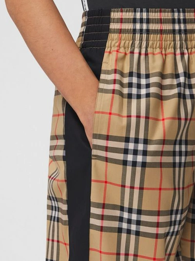 Burberry Stretch Cotton Pants With Check Pattern And Lateral Bands In Archive Beige