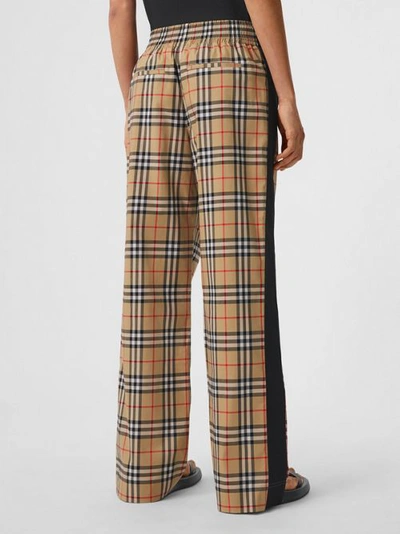 Burberry Stretch Cotton Pants With Check Pattern And Lateral Bands In Archive Beige