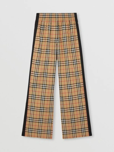 Burberry Stretch Cotton Pants With Check Pattern And Lateral Bands In Archive Beige