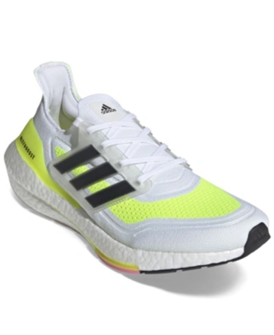 Shop Adidas Originals Adidas Men's Ultraboost 21 Primeblue Running Sneakers From Finish Line In Footwear White, Core Black, Solar Yellow