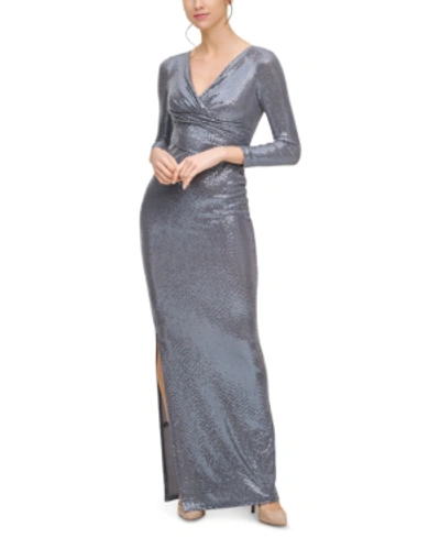 Shop Eliza J Sequin Side-slit Gown In Gunmetal