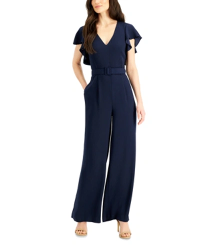 Shop Eliza J Flutter-sleeve Belted Jumpsuit In Navy