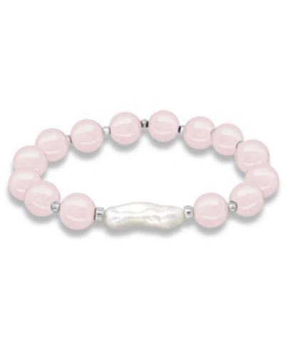 Shop Macy's Genuine Stone Bead Biwa Pearl Stretch Bracelet In Rose Quartz