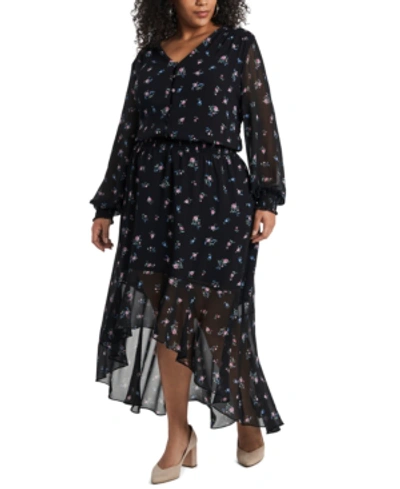 Shop 1.state Trendy Plus Size Floral High-low Dress In Rich Black Mulit