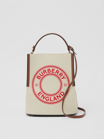 Shop Burberry Small Logo Graphic Canvas Peggy Bucket Bag In Natural/tan/fiery Red