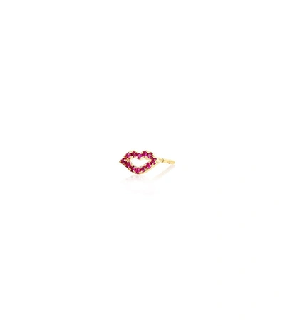 Shop Ef Collection Single Ruby Kiss Stud Earring In Yellow Gold In Red