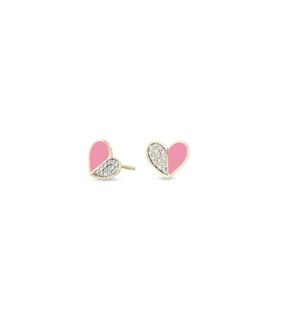 ADINA REYTER Pink Ceramic Pave Folded Heart Posts in Yellow Gold 