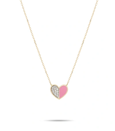 Shop Adina Reyter Pink Ceramic Pave Folded Heart Necklace In Yellow Gold