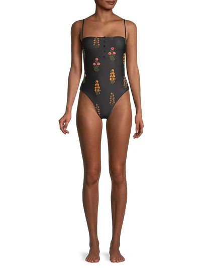 Shop Agua By Agua Bendita The Wallflowers Durazno Dahlia One-piece Swimsuit In Black Dahlia