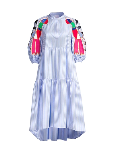 Shop Stella Jean Bird Embroidered Dress In White Light Blue