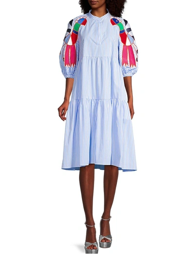 Shop Stella Jean Bird Embroidered Dress In White Light Blue