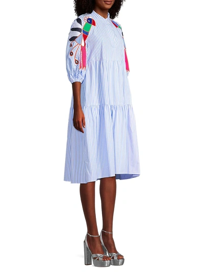 Shop Stella Jean Bird Embroidered Dress In White Light Blue