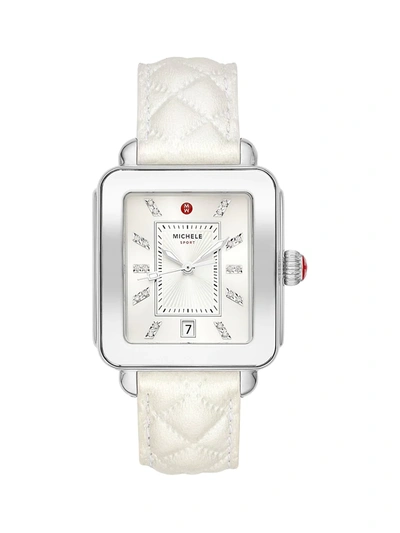 Shop Michele Deco Sport Stainless Steel, Topaz & Quilted Leather Strap Watch In White