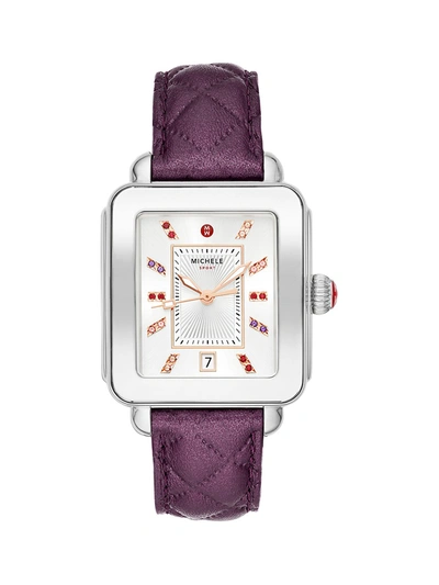 Shop Michele Deco Sport Stainless, Topaz & Quilted Leather Strap Watch In Violet