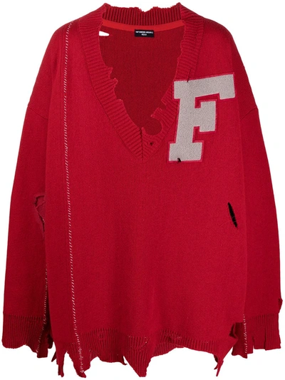 Shop Raf Simons Oversized Ripped V-neck Jumper In Red