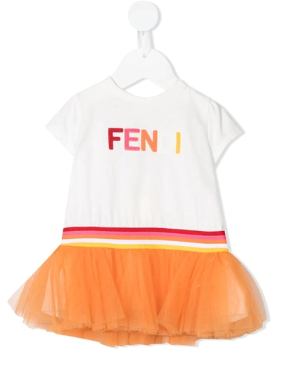 Shop Fendi Tulle-trim Logo Dress In White