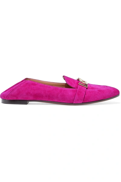Shop Aquazzura Love Life Embellished Suede Collapsible-heel Loafers In Magenta