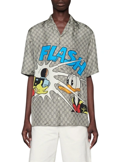 Shop Gucci Silk Bowling Shirt With Donald Duck Print Disney X  In Brown