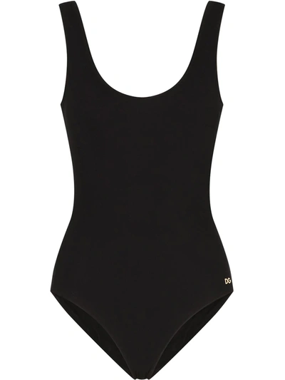 Shop Dolce & Gabbana Logo-tag Scoop-back Swimsuit In Black