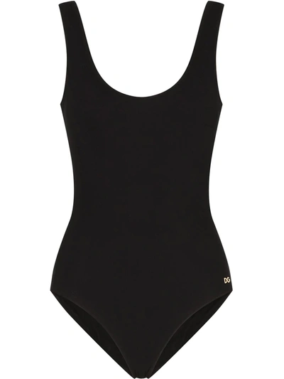 Dolce & Gabbana Logo-plaque Scoop-neck Swimsuit In Black