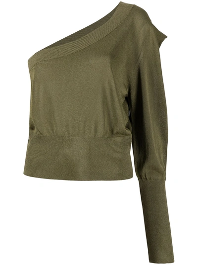 Shop Federica Tosi One-shoulder Fine-knit Jumper In Green
