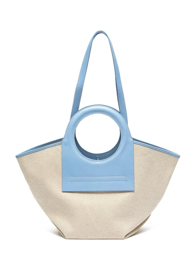 Shop Hereu Cala' Circular Leather Handle Small Canvas Tote In Neutral,blue