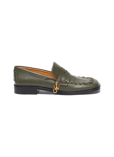 Shop Jw Anderson Logo Charm Flat Stitch Leather Loafers In Green