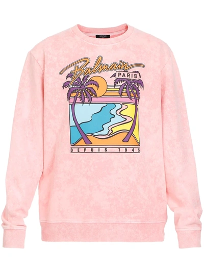 Shop Balmain Palm Tree Logo Print Sweatshirt In Pink