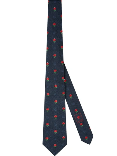 Shop Gucci Double G Flowers Embroidered Tie In Blue
