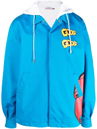 Shop Gcds Flower Print Hooded Jacket In Blue