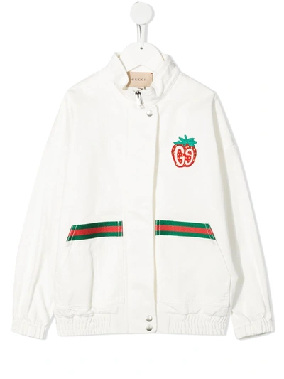 Shop Gucci Gg Strawberry Denim Jacket In White