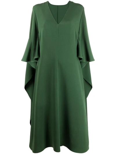 Valentino V-neck Cape-sleeve Silk Cady Couture Midi Dress In Green