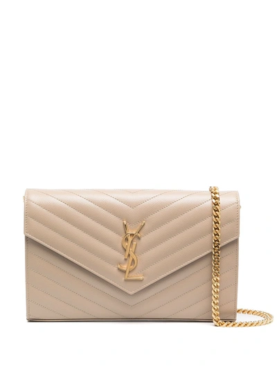 Shop Saint Laurent Monogram-plaque Quilted Shoulder Bag In Neutrals