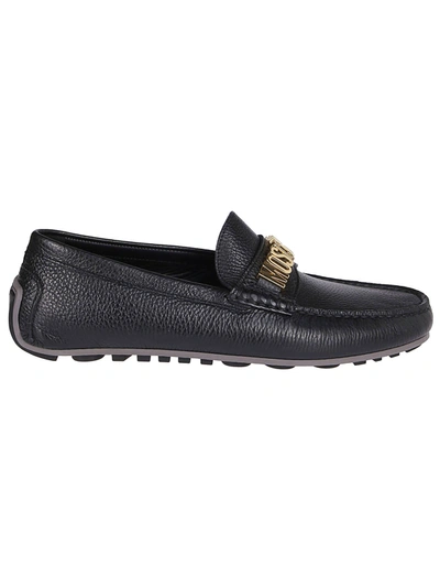 Shop Moschino Black Leather Loafers