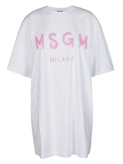 Shop Msgm White Cotton T-shirt Dress In White Pink