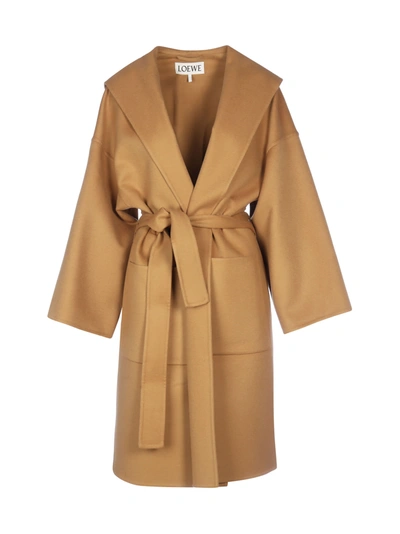 Shop Loewe Hooded Belted Coat In Camel