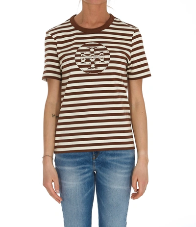 Shop Tory Burch Logo Striped T-shirt In Brown