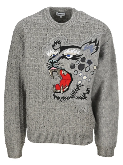Shop Kenzo Embroidered Tiger Grid Jumper In Grey